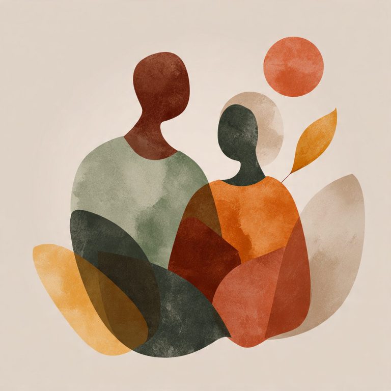 Ilustración en tonos salvia y beige que representa la comunicación emocional y el acompañamiento a un superviviente que teme una recaída.