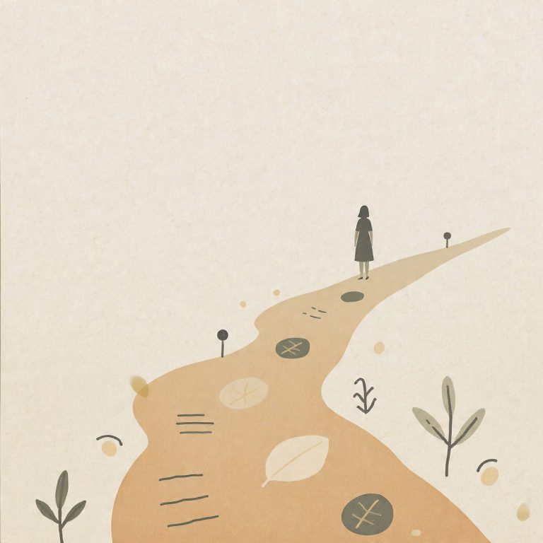 Una figura solitaria camina por un sendero de tierra rodeado de plantas y hojas.