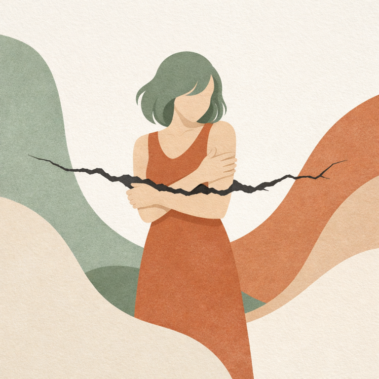 Mujer con cabello verde, cruzando los brazos, rodeada de formas abstractas en colores cálidos.