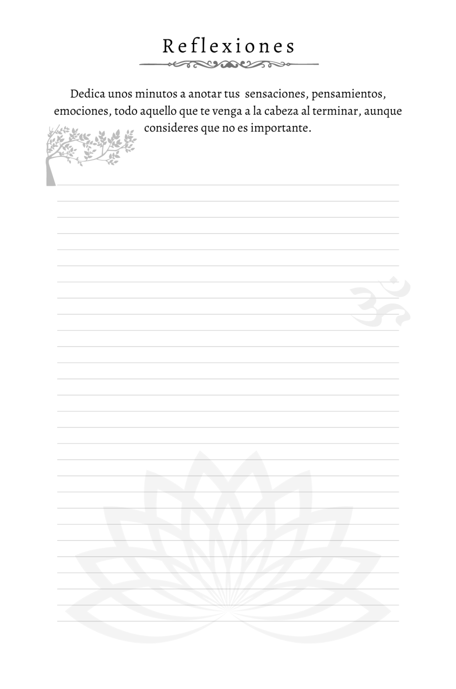 Fondo blanco con un diseño de flor de loto y líneas para escribir reflexiones.