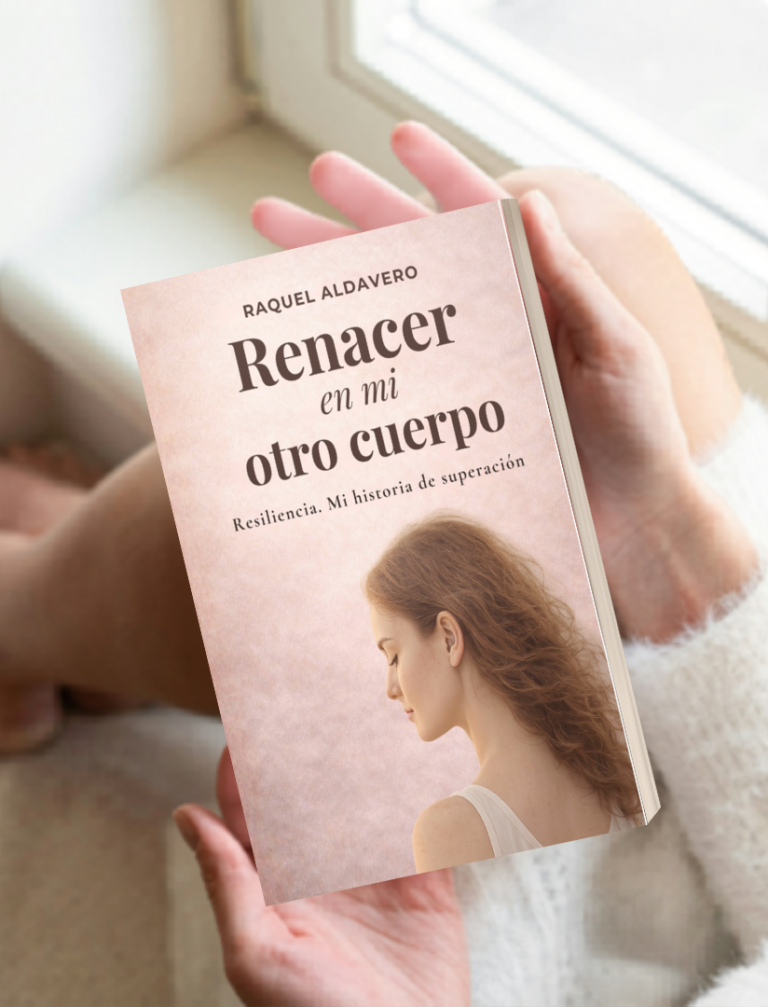 Persona sosteniendo un libro titulado "Renacer en mi Otro Cuerpo". Fondo de paisaje sereno.