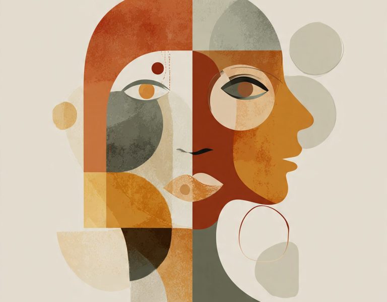 Persona pensando con colores intensos, simbolizando la lucha contra los peores escenarios mentales Retrato abstracto de dos perfiles humanos en tonalidades cálidas y formas geométricas.