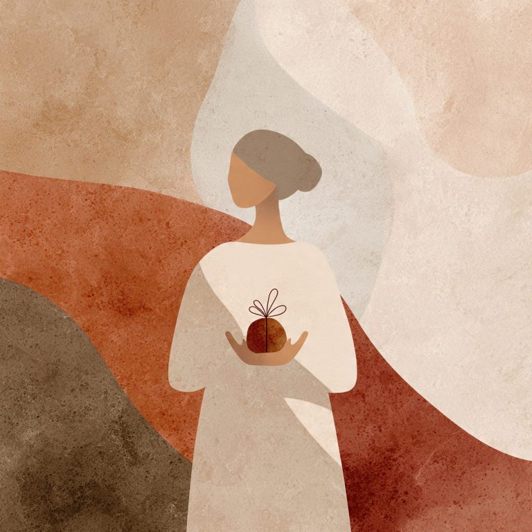 Ilustración minimalista de una mujer con un regalo  que cuida sin invadir a una persona con cáncer