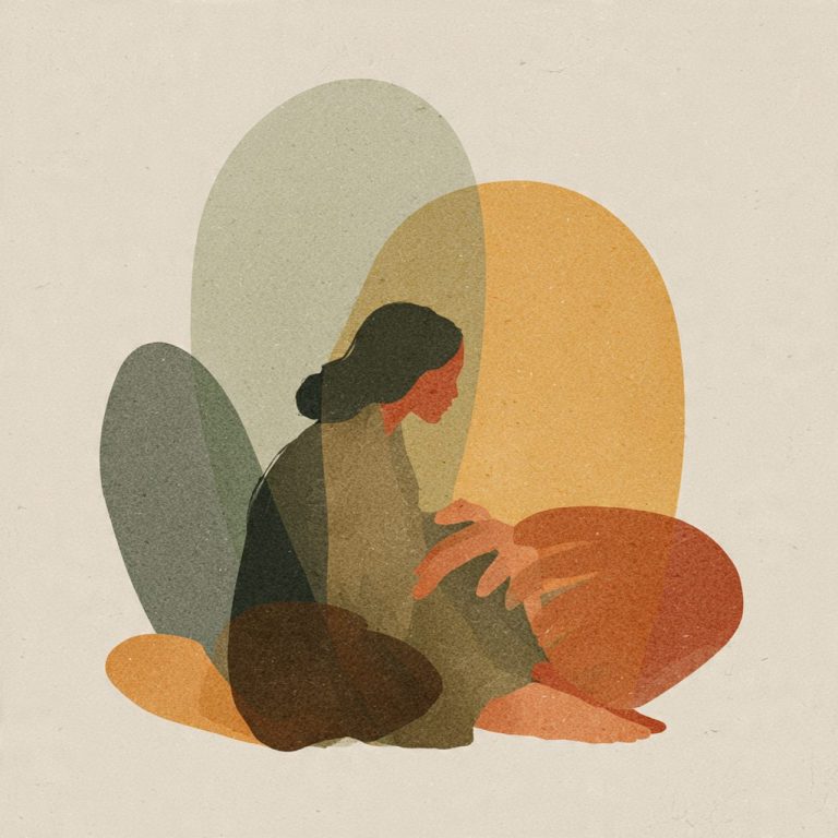 Mujer sentada, mirando hacia abajo, rodeada de formas abstractas en tonos cálidos.