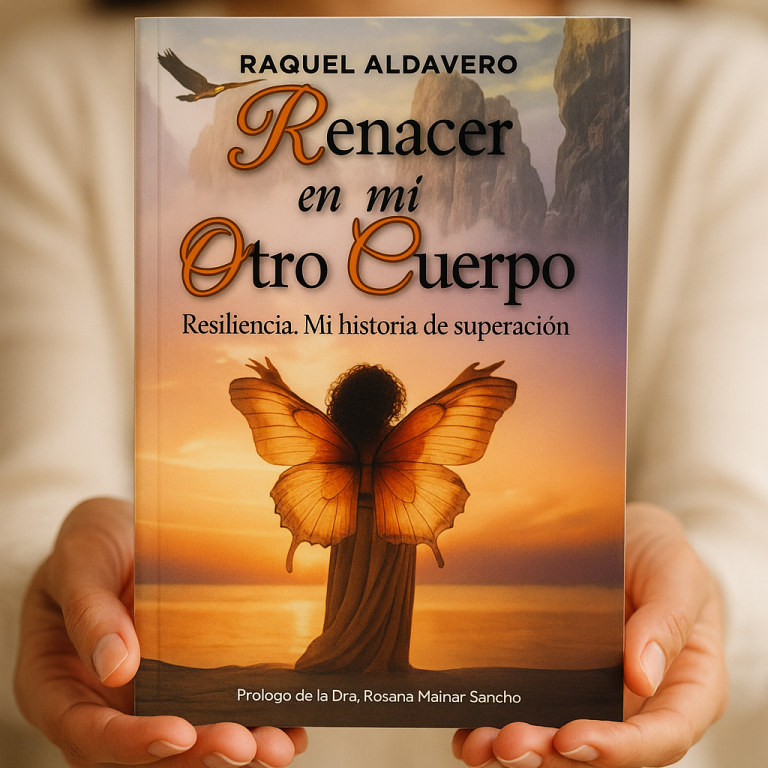 Libro titulado "Renacer en mi Otro Cuerpo" con una mariposa y manos sosteniéndolo.