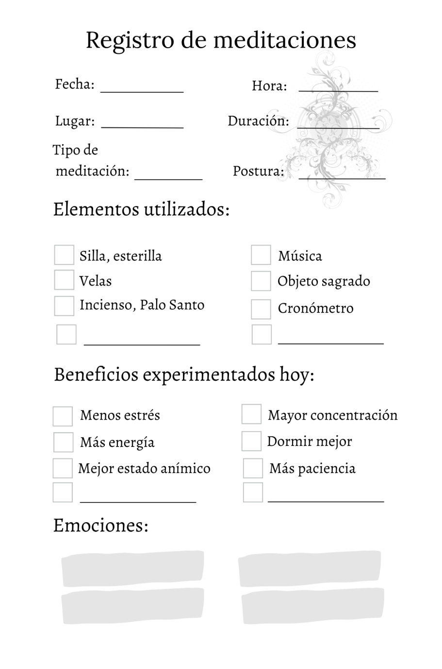 Registro de meditaciones con campos para fecha, tipo, elementos, beneficios y emociones.