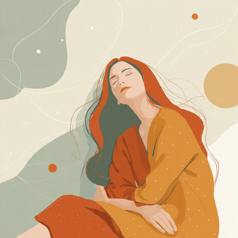 Mujer con cabello largo y suelto, vestida con un traje naranja, sonriendo serenamente.