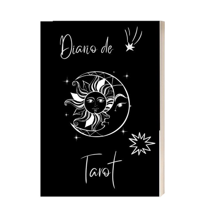 Portada del Diario de Tarot en fondo negro con símbolo de Sol y Luna, un diseño espiritual para escribir interpretaciones, intuiciones y cre