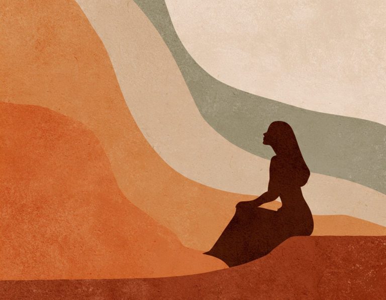 Mujer en calma rodeada de líneas suaves que evocan paciencia y recuperación de identidad.