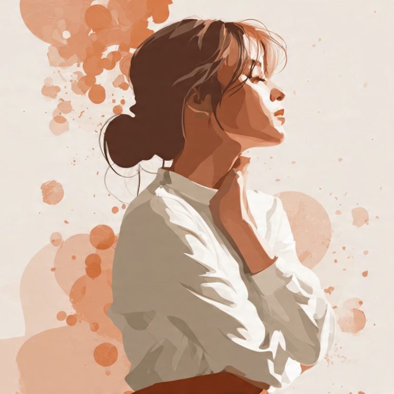 Mujer con peinado recogido, mirada pensativa y fondo abstracto en tonos cálidos.