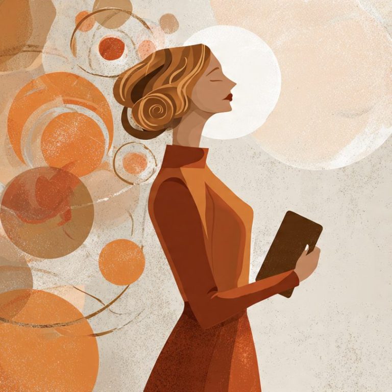 Mujer con peinado vintage, sosteniendo un cuaderno, fondo abstracto en tonos cálidos.